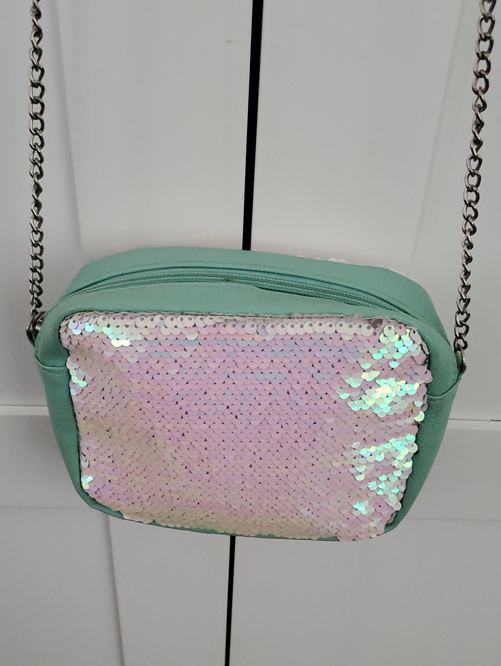 Mint Green Kids Sequin Crossbody Bag with Iridescent Pink Panel